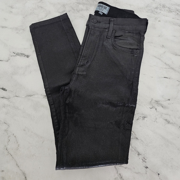 AGOLDE High Rise Skinny Ankle Black Wax Coated Denim jeans 27 Preowned - Picture 3 of 10